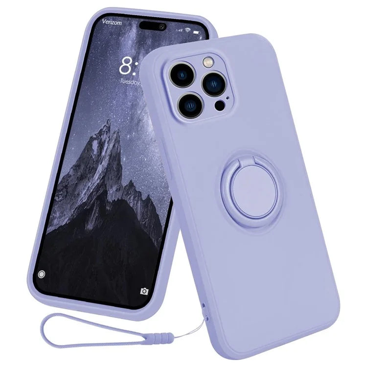 For iPhone 16 Pro Silicone Case with Strap Ring Kickstand Phone Cover