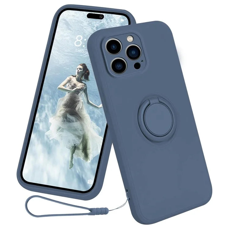 For iPhone 16 Pro Silicone Case with Strap Ring Kickstand Phone Cover