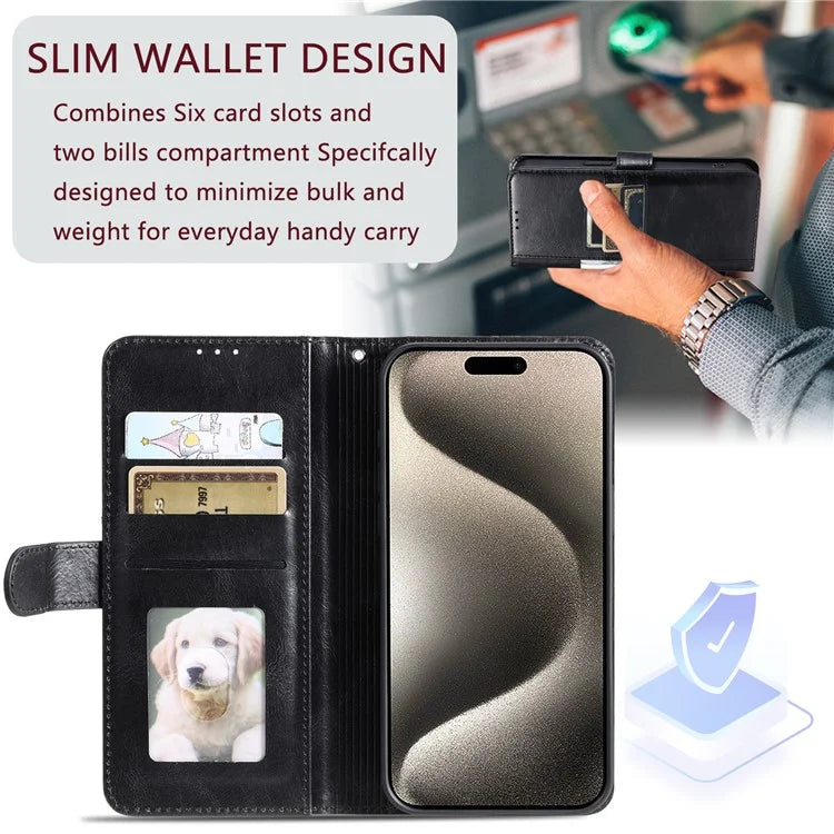 013 Style For iPhone 16 Pro Max Case PU Leather Anti-Fall Phone Cover with 6 Card Slots