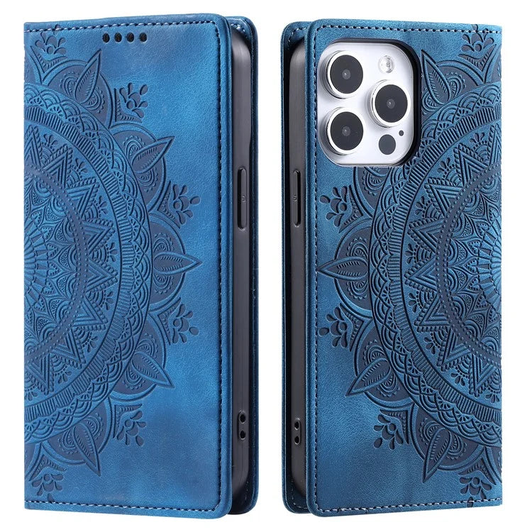 For iPhone 16 Pro Case Imprinted Mandala Leather Magnetic Closure Phone Cover