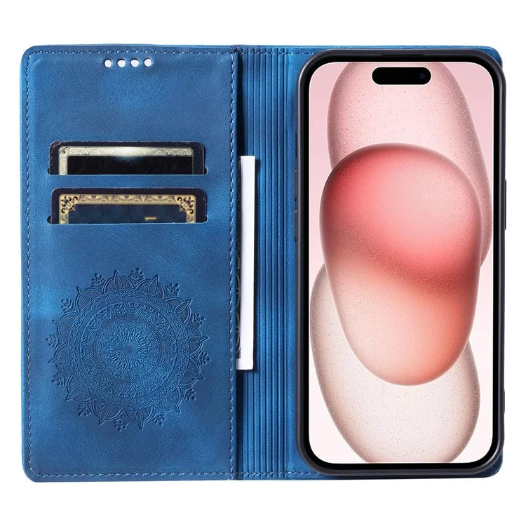 For iPhone 16 Pro Case Imprinted Mandala Leather Magnetic Closure Phone Cover