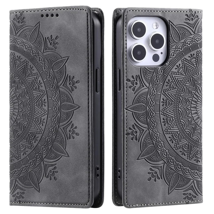 For iPhone 16 Pro Case Imprinted Mandala Leather Magnetic Closure Phone Cover