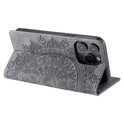 For iPhone 16 Pro Case Imprinted Mandala Leather Magnetic Closure Phone Cover