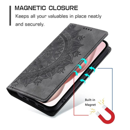 For iPhone 16 Pro Case Imprinted Mandala Leather Magnetic Closure Phone Cover