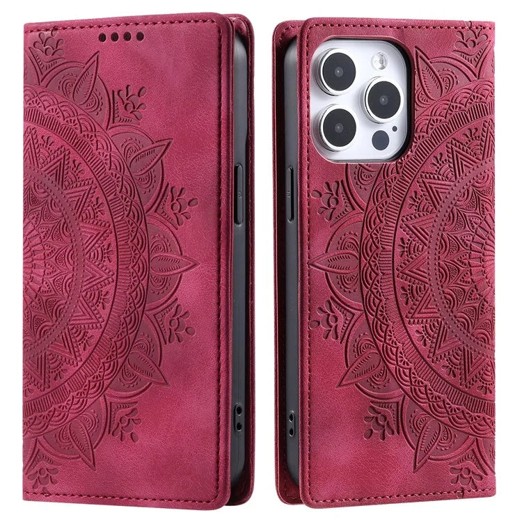 For iPhone 16 Pro Case Imprinted Mandala Leather Magnetic Closure Phone Cover