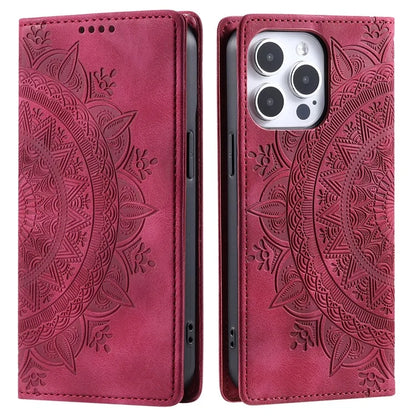 For iPhone 16 Pro Case Imprinted Mandala Leather Magnetic Closure Phone Cover