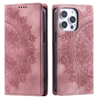 For iPhone 16 Pro Case Imprinted Mandala Leather Magnetic Closure Phone Cover
