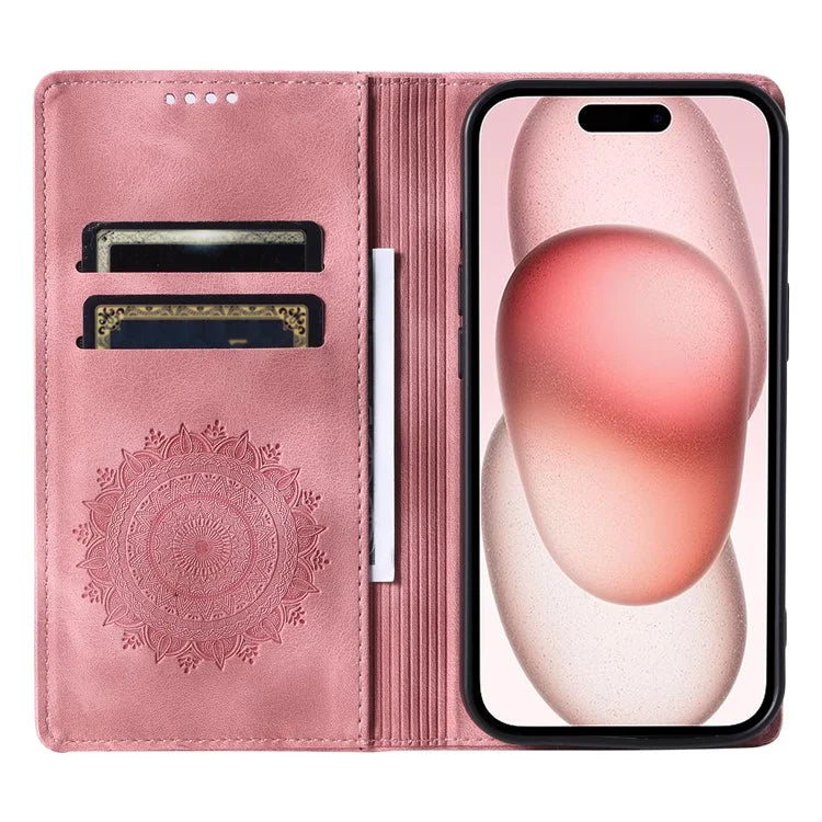 For iPhone 16 Pro Case Imprinted Mandala Leather Magnetic Closure Phone Cover