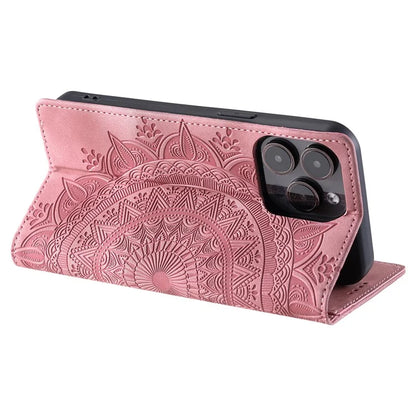 For iPhone 16 Pro Case Imprinted Mandala Leather Magnetic Closure Phone Cover