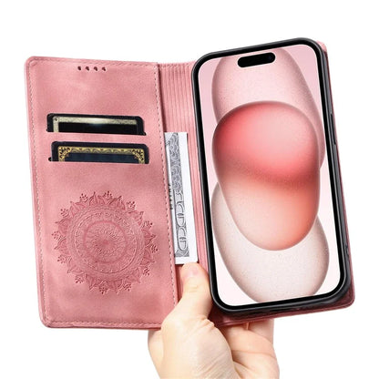 For iPhone 16 Pro Case Imprinted Mandala Leather Magnetic Closure Phone Cover
