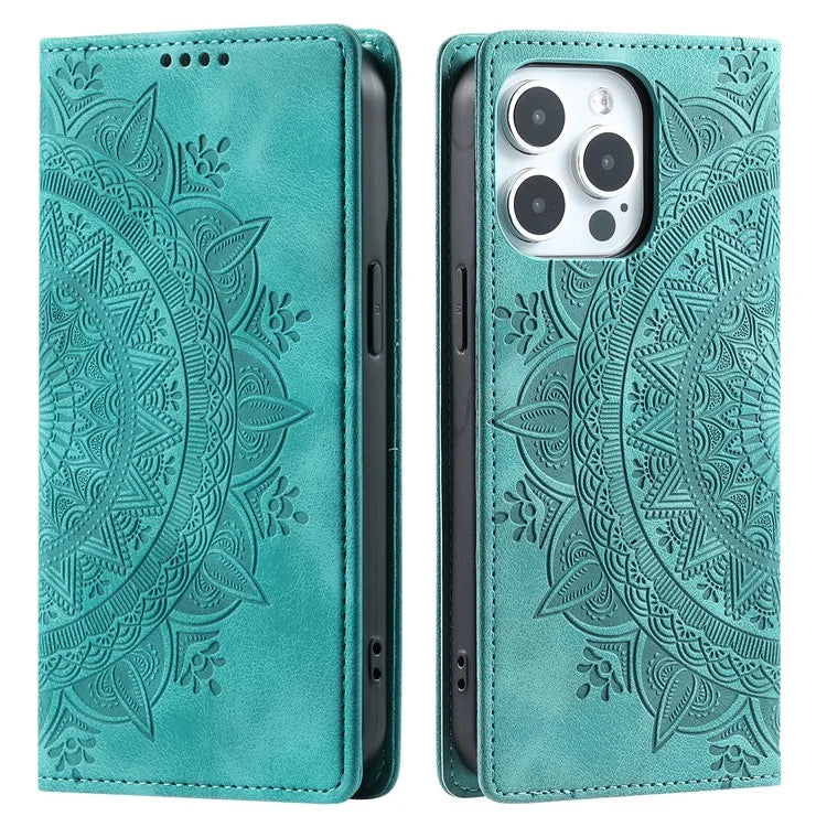 For iPhone 16 Pro Case Imprinted Mandala Leather Magnetic Closure Phone Cover