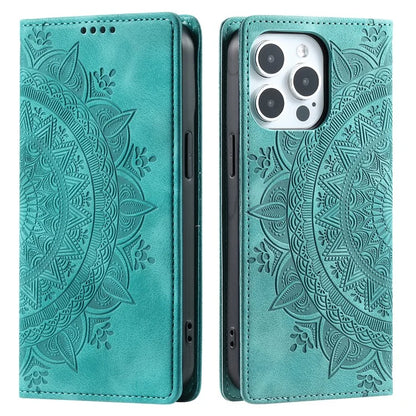 For iPhone 16 Pro Case Imprinted Mandala Leather Magnetic Closure Phone Cover