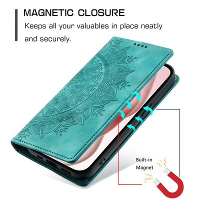 For iPhone 16 Pro Case Imprinted Mandala Leather Magnetic Closure Phone Cover