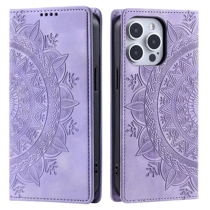 For iPhone 16 Pro Case Imprinted Mandala Leather Magnetic Closure Phone Cover