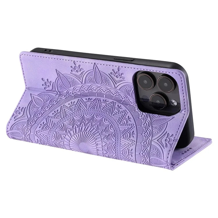 For iPhone 16 Pro Case Imprinted Mandala Leather Magnetic Closure Phone Cover