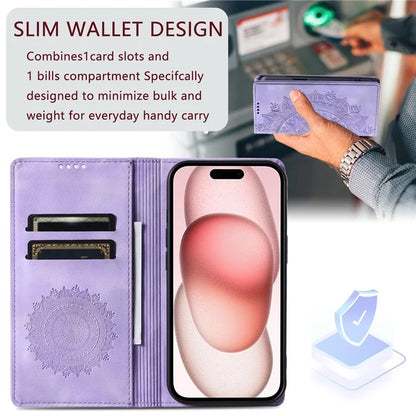 For iPhone 16 Pro Case Imprinted Mandala Leather Magnetic Closure Phone Cover