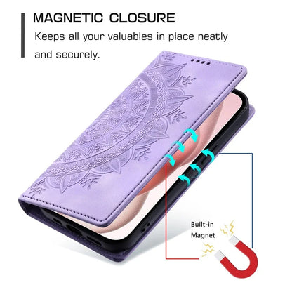 For iPhone 16 Pro Case Imprinted Mandala Leather Magnetic Closure Phone Cover