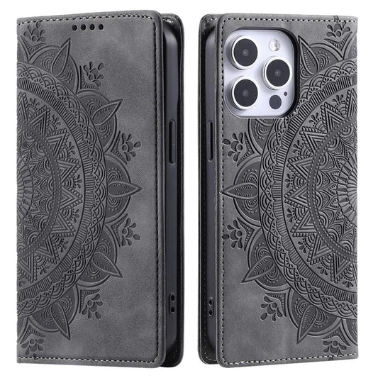 For iPhone 16 Pro Max Case Imprinted Mandala Leather Magnetic Closure Phone Cover