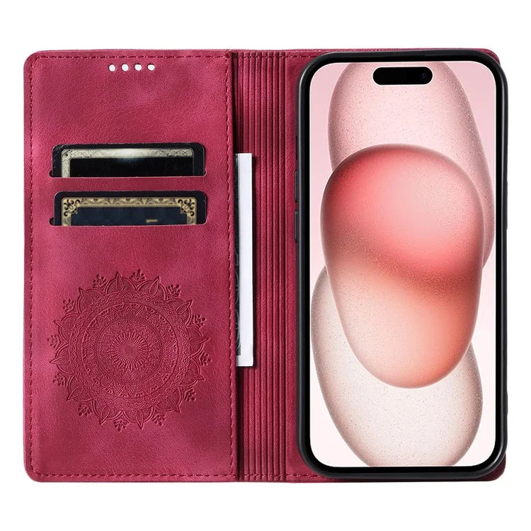For iPhone 16 Pro Max Case Imprinted Mandala Leather Magnetic Closure Phone Cover