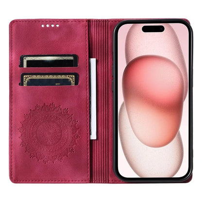 For iPhone 16 Pro Max Case Imprinted Mandala Leather Magnetic Closure Phone Cover