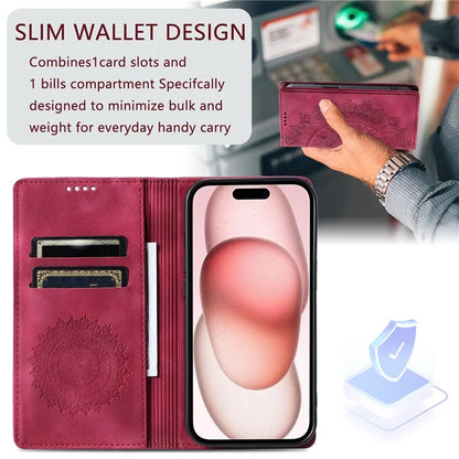 For iPhone 16 Pro Max Case Imprinted Mandala Leather Magnetic Closure Phone Cover
