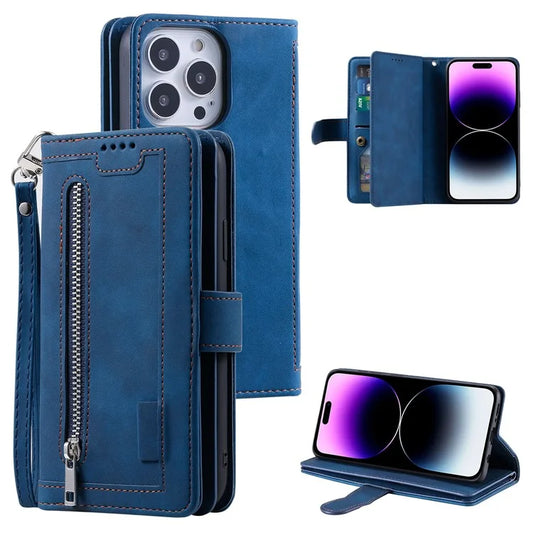 For iPhone 16 Pro Max Case Zipper Pocket 9 Card Slots PU Leather Phone Cover
