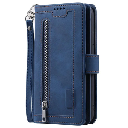 For iPhone 16 Pro Max Case Zipper Pocket 9 Card Slots PU Leather Phone Cover