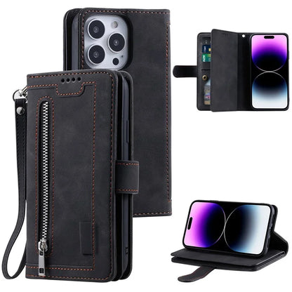 For iPhone 16 Pro Max Case Zipper Pocket 9 Card Slots PU Leather Phone Cover