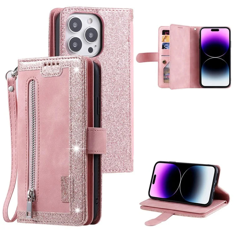 For iPhone 16 Pro Max Case Zipper Pocket 9 Card Slots PU Leather Phone Cover