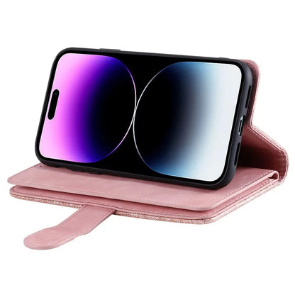 For iPhone 16 Pro Max Case Zipper Pocket 9 Card Slots PU Leather Phone Cover