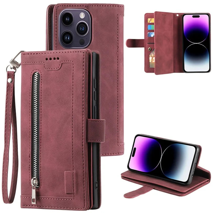 For iPhone 16 Pro Max Case Zipper Pocket 9 Card Slots PU Leather Phone Cover