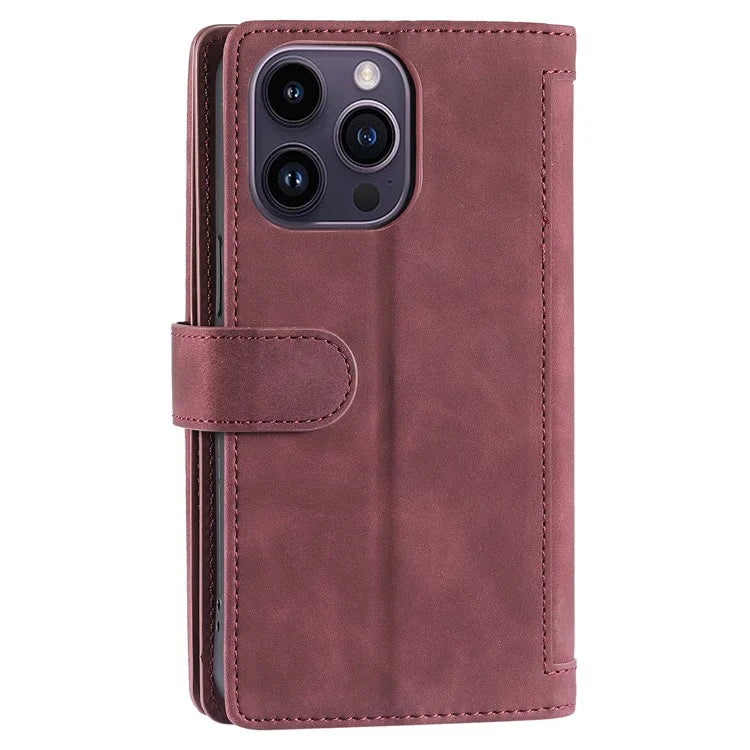 For iPhone 16 Pro Max Case Zipper Pocket 9 Card Slots PU Leather Phone Cover