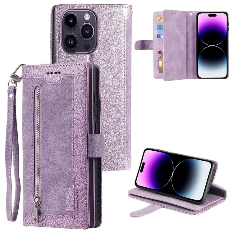 For iPhone 16 Pro Max Case Zipper Pocket 9 Card Slots PU Leather Phone Cover