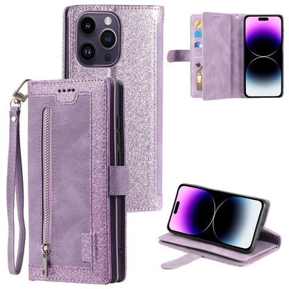 For iPhone 16 Pro Max Case Zipper Pocket 9 Card Slots PU Leather Phone Cover