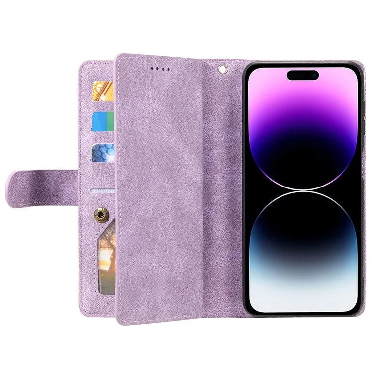 For iPhone 16 Pro Max Case Zipper Pocket 9 Card Slots PU Leather Phone Cover