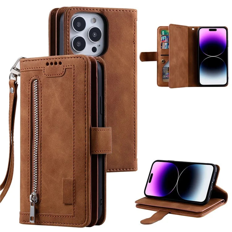 For iPhone 16 Pro Max Case Zipper Pocket 9 Card Slots PU Leather Phone Cover