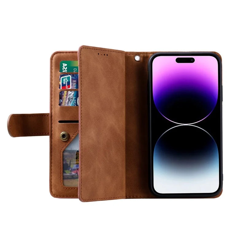For iPhone 16 Pro Max Case Zipper Pocket 9 Card Slots PU Leather Phone Cover