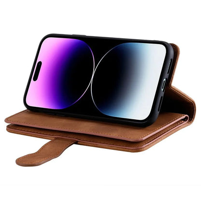 For iPhone 16 Pro Max Case Zipper Pocket 9 Card Slots PU Leather Phone Cover