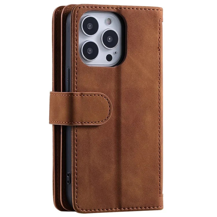 For iPhone 16 Pro Max Case Zipper Pocket 9 Card Slots PU Leather Phone Cover