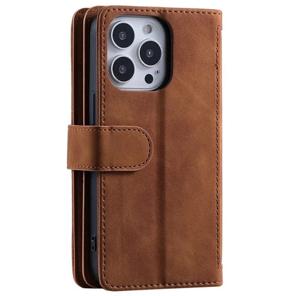 For iPhone 16 Pro Max Case Zipper Pocket 9 Card Slots PU Leather Phone Cover