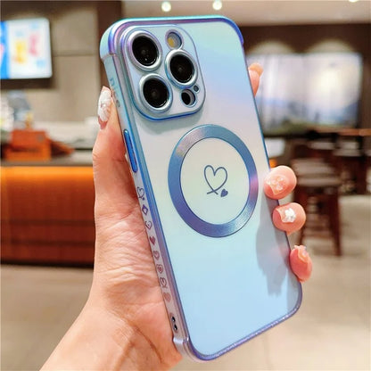 For iPhone 15 Pro Max Magnetic Case TPU Love Heart Pattern Gradient Phone Cover