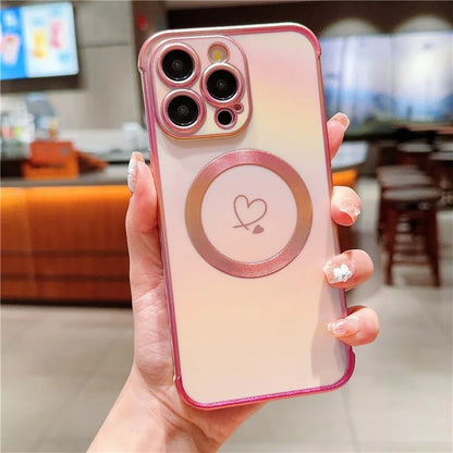For iPhone 15 Pro Max Magnetic Case TPU Love Heart Pattern Gradient Phone Cover