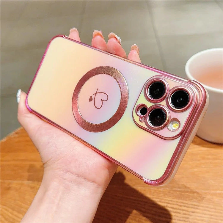 For iPhone 15 Pro Max Magnetic Case TPU Love Heart Pattern Gradient Phone Cover