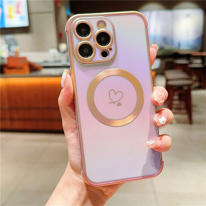 For iPhone 15 Pro Max Magnetic Case TPU Love Heart Pattern Gradient Phone Cover
