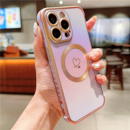 For iPhone 15 Pro Max Magnetic Case TPU Love Heart Pattern Gradient Phone Cover