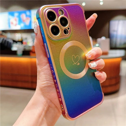 For iPhone 15 Pro Max Magnetic Case TPU Love Heart Pattern Gradient Phone Cover