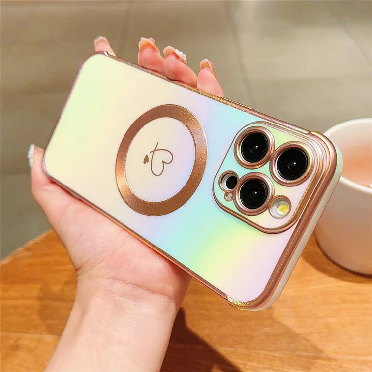 For iPhone 14 Pro Max Case Magnetic Electroplating TPU Phone Cover Love Heart Pattern