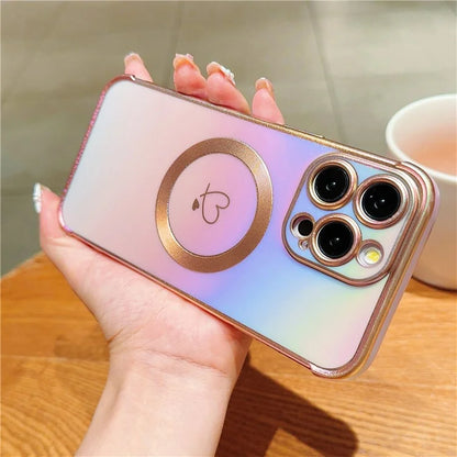 For iPhone 14 Pro Max Case Magnetic Electroplating TPU Phone Cover Love Heart Pattern