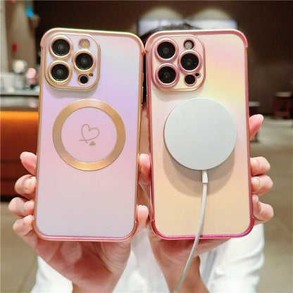 For iPhone 14 Pro Max Case Magnetic Electroplating TPU Phone Cover Love Heart Pattern