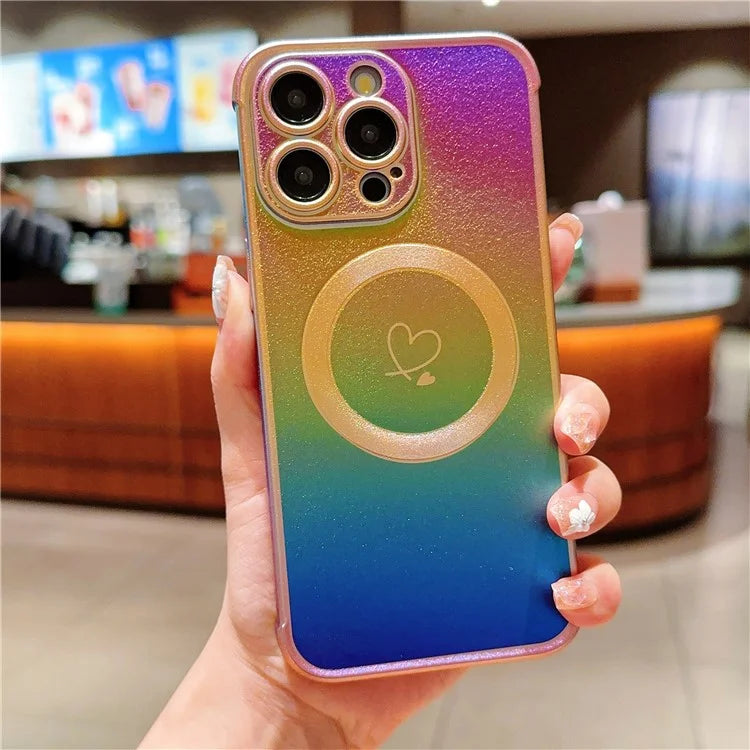 For iPhone 14 Pro Max Case Magnetic Electroplating TPU Phone Cover Love Heart Pattern